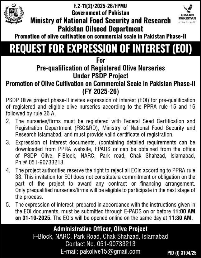 Ministry of National Food Security & Research Pakistan Oil Seed Department Tender Notice